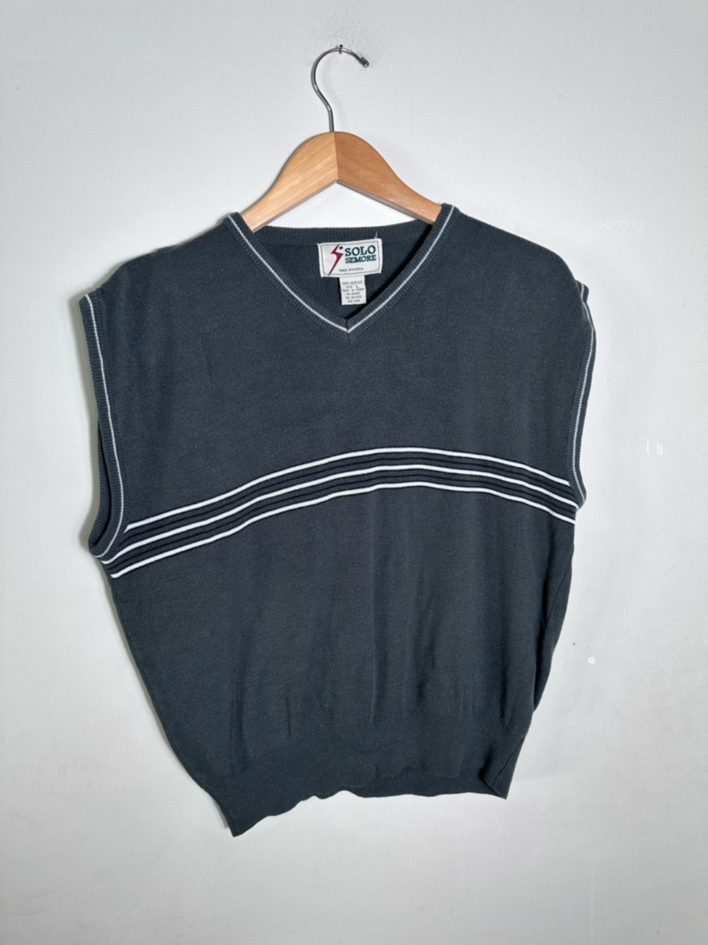 90s vintage Charcoal V-Neck Sweater Vest with White Stripe Detail